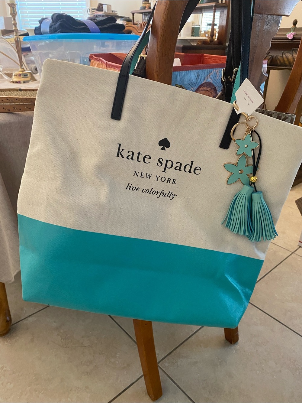 kate spade Cream and Teal Colorblock Tote with Tassel Charm - Picture 1 of 4
